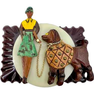 Woman & Dog Brooch / Pendant: Carved Wood, Bakelit