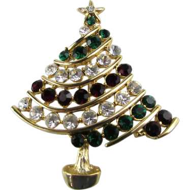 Gold Tone Christmas Tree Pin In Green, Red and Cl… - image 1