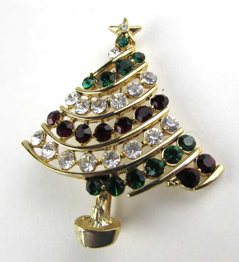Gold Tone Christmas Tree Pin In Green, Red and Cl… - image 2