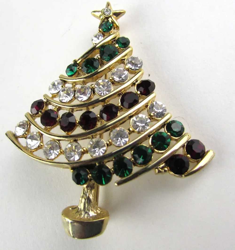 Gold Tone Christmas Tree Pin In Green, Red and Cl… - image 4