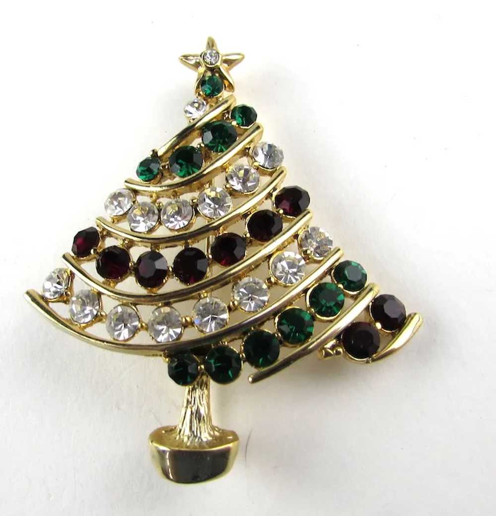 Gold Tone Christmas Tree Pin In Green, Red and Cl… - image 6