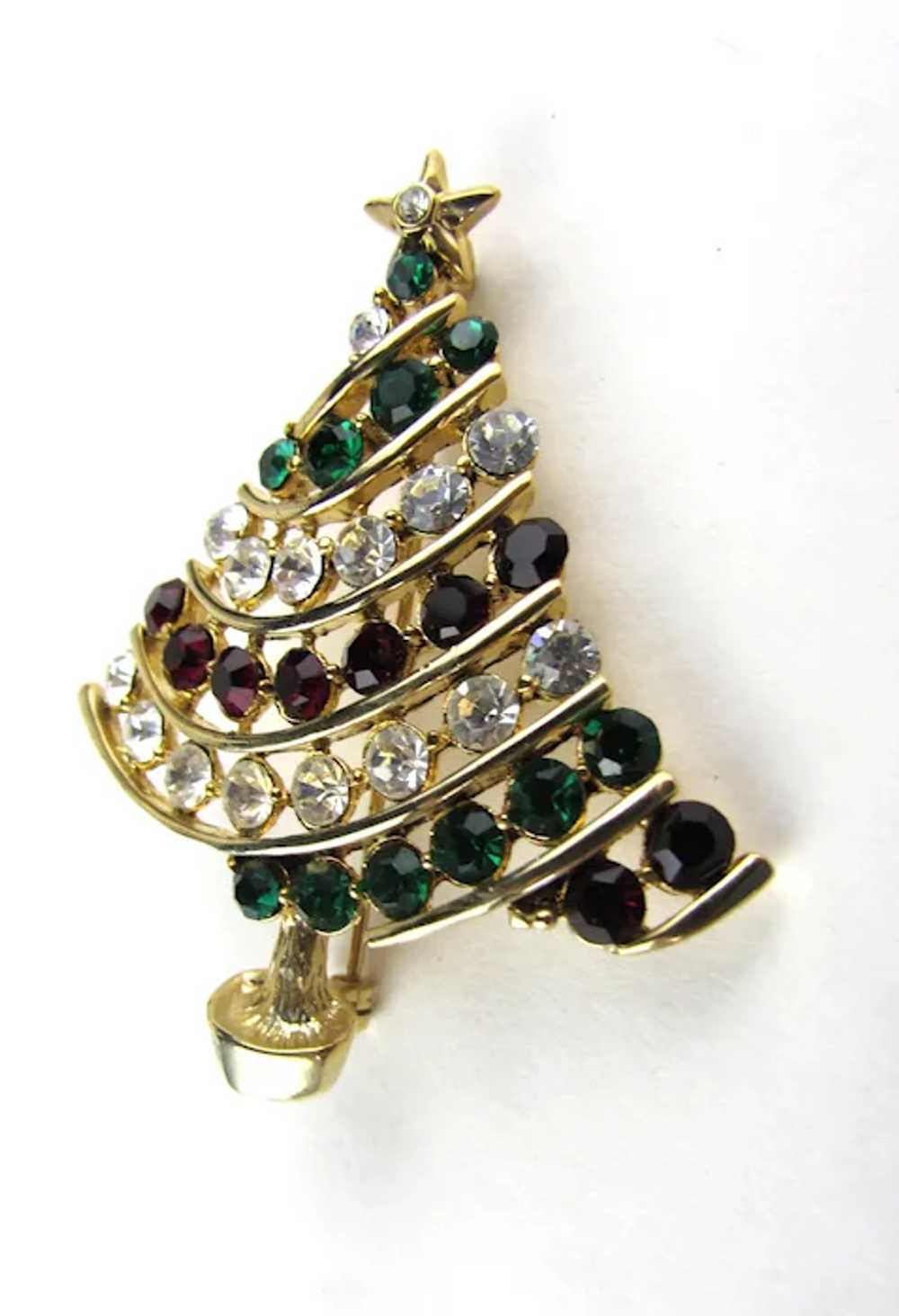 Gold Tone Christmas Tree Pin In Green, Red and Cl… - image 7