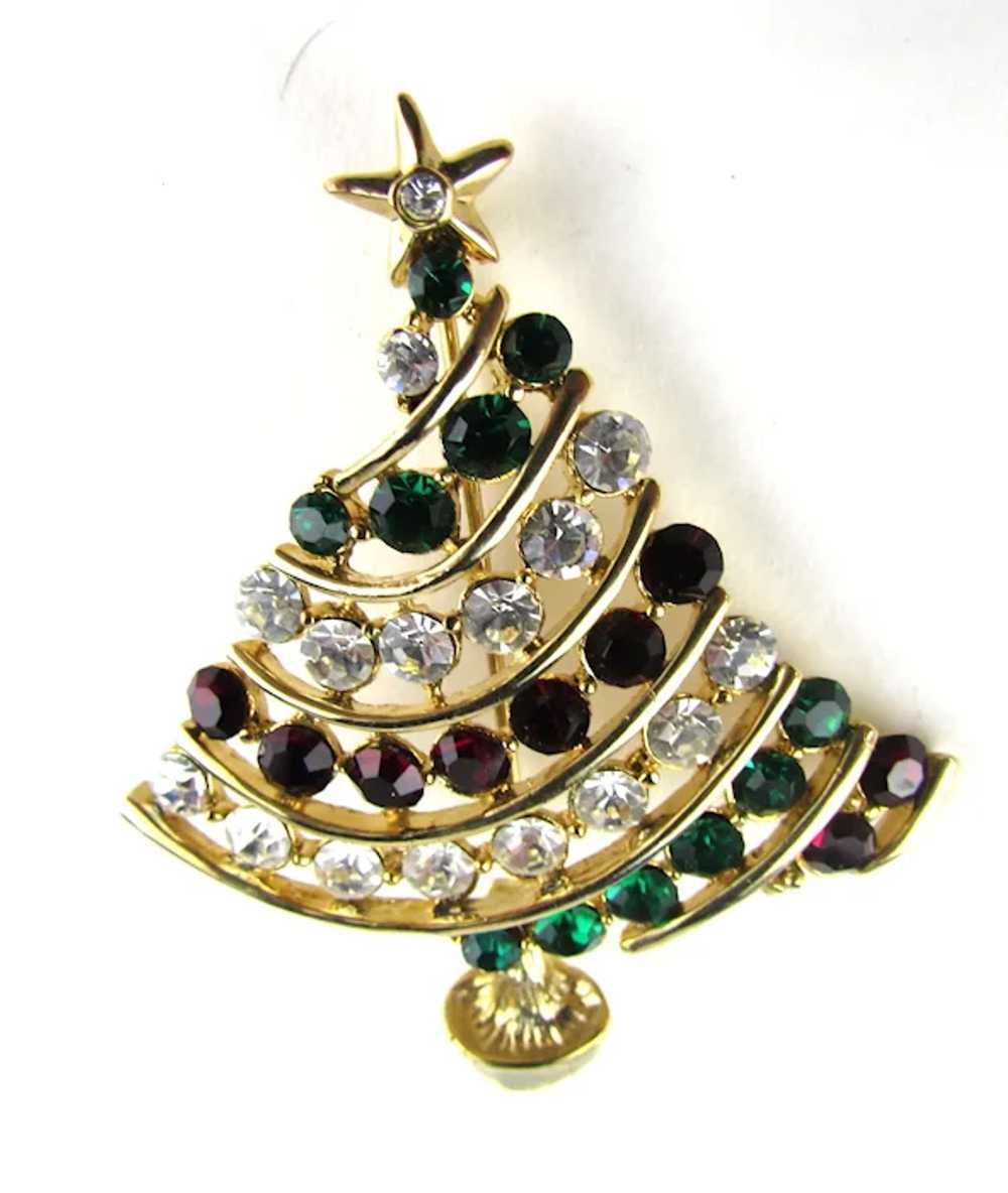Gold Tone Christmas Tree Pin In Green, Red and Cl… - image 8