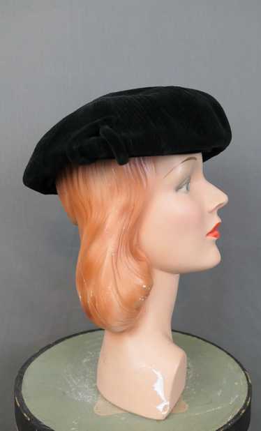 Vintage Topstitched Black Velvet Beret Hat, 1960s,