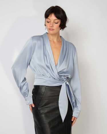 Satin Wrap Blouse - Blue