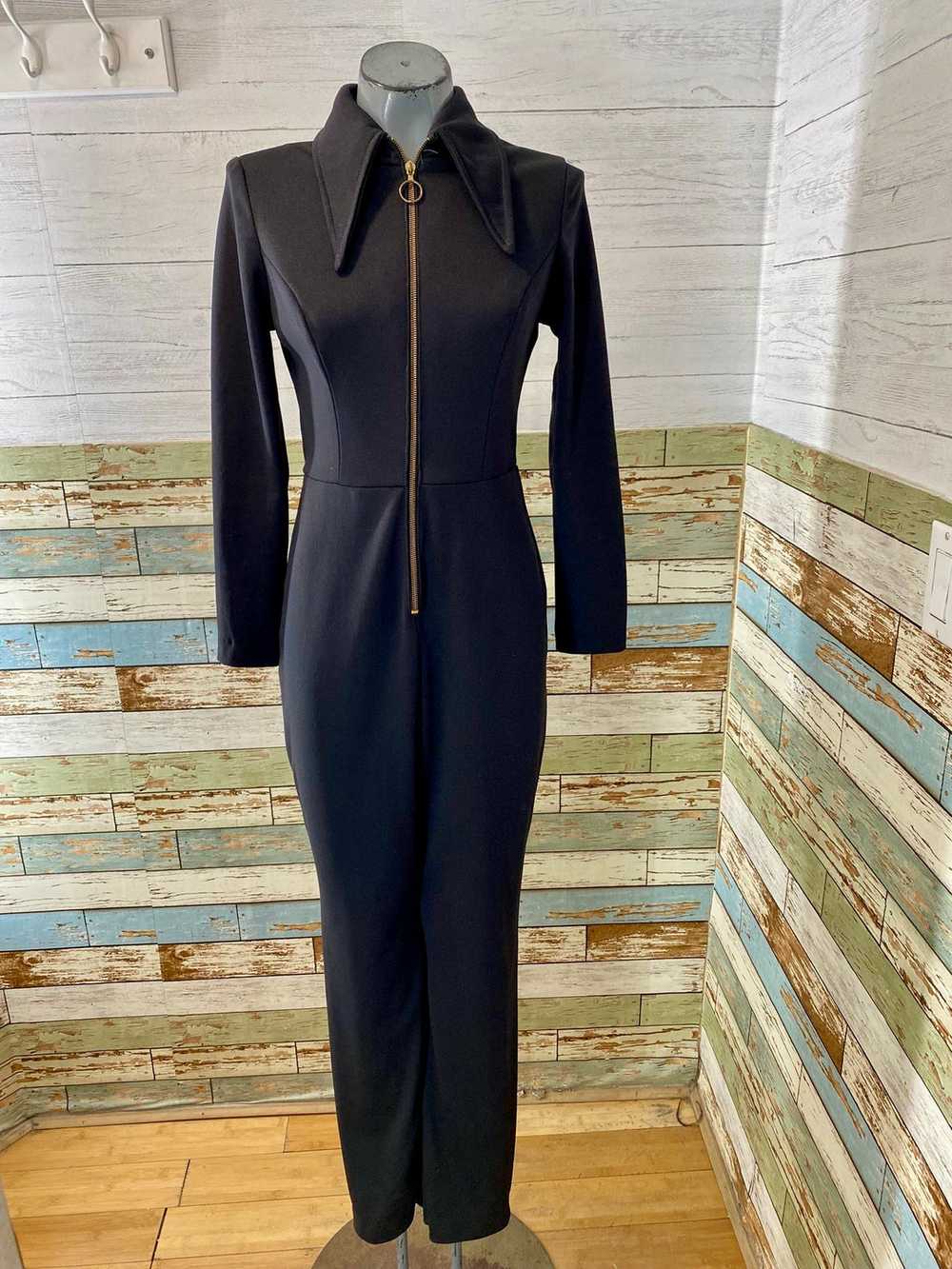 70’s Black Long Sleeve Zip Front Jumpsuit - image 1