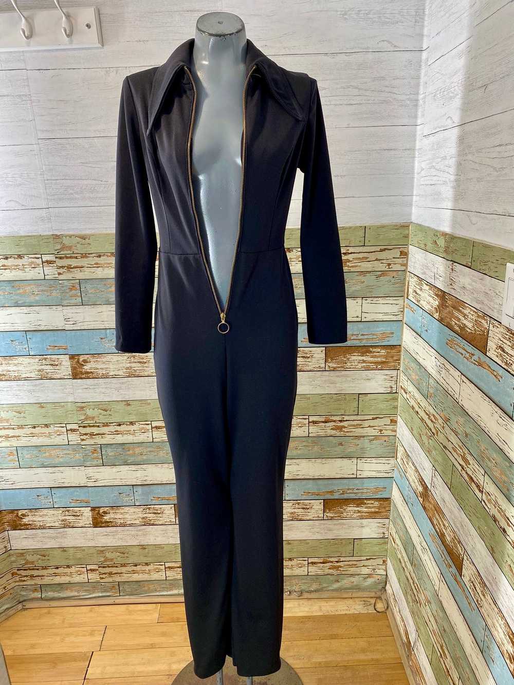 70’s Black Long Sleeve Zip Front Jumpsuit - image 4