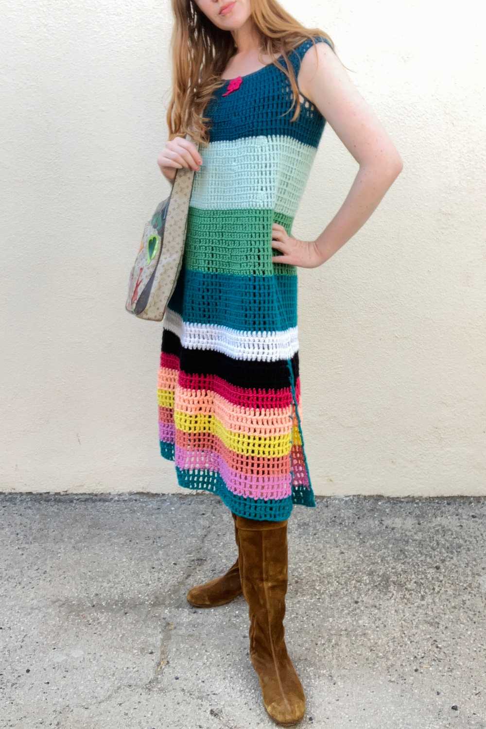 Vintage Open-Crochet Rainbow Midi Dress - image 1