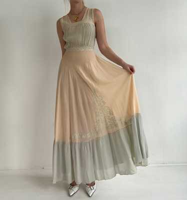 1930's Handmade Dusty Pink And Blue Silk Chiffon D