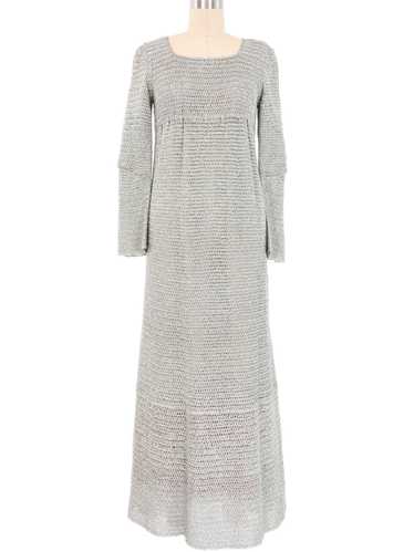 1960s Silver Crochet Bell Sleeve Maxi Dress