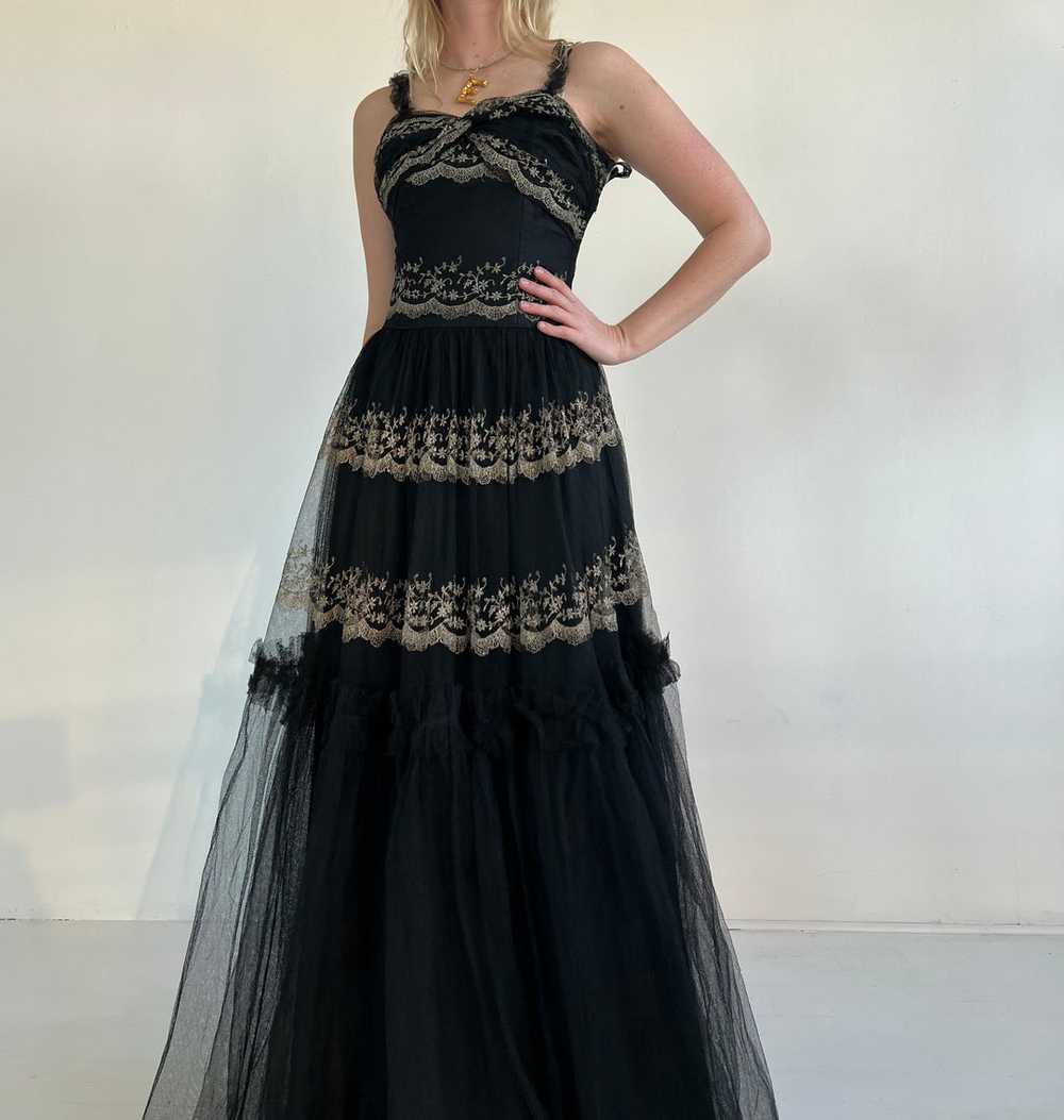 1950's Black Tulle Gown and Cream Embroidery - image 1