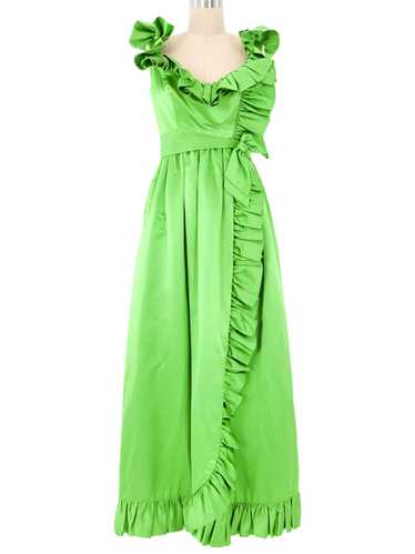 Green Satin Ruffle Maxi Dress