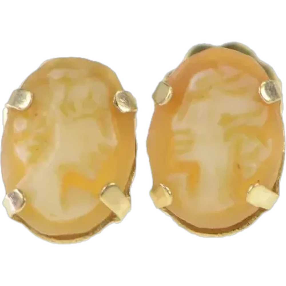 14K Inset Cameo Women Vintage Stud Earrings Yello… - image 1