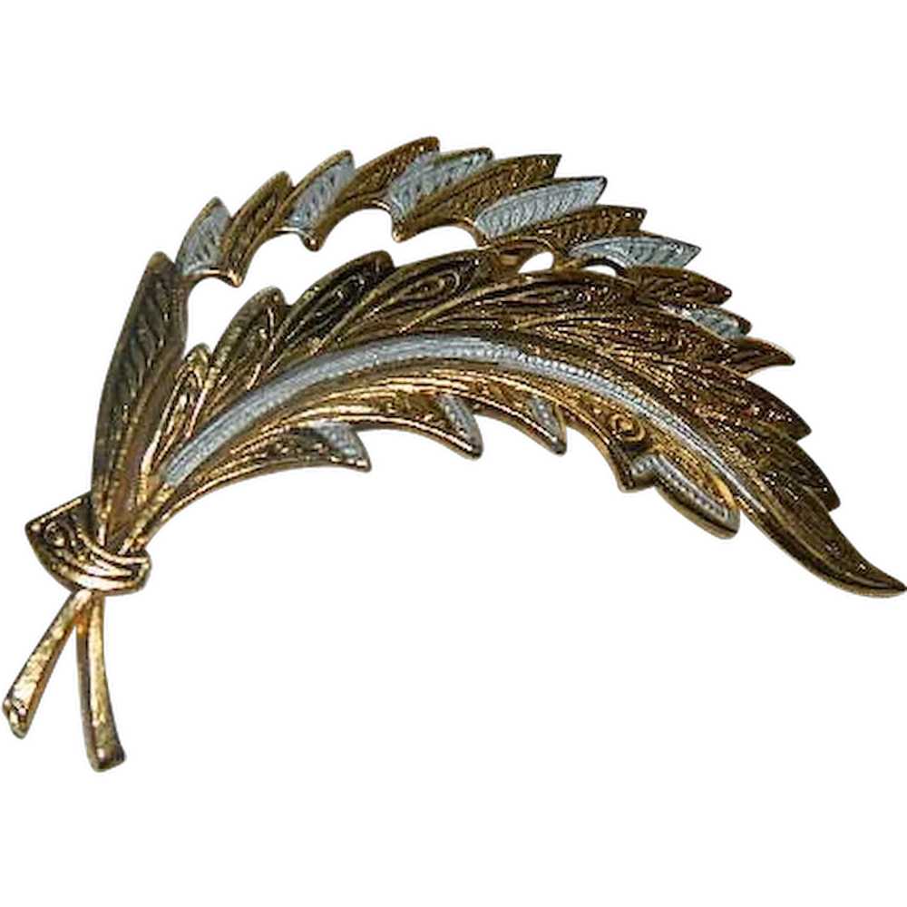 Lovely Large Toledo Ware Damascene Feather Brooch - image 1