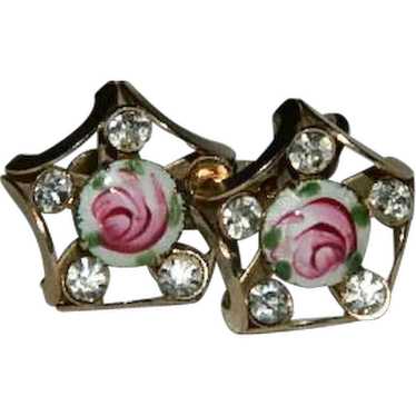 Pretty Guilloche Enamel Rose Rhinestone Earrings - image 1