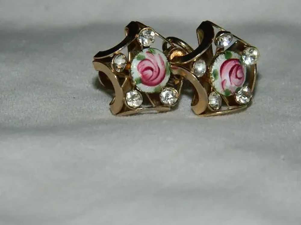Pretty Guilloche Enamel Rose Rhinestone Earrings - image 2