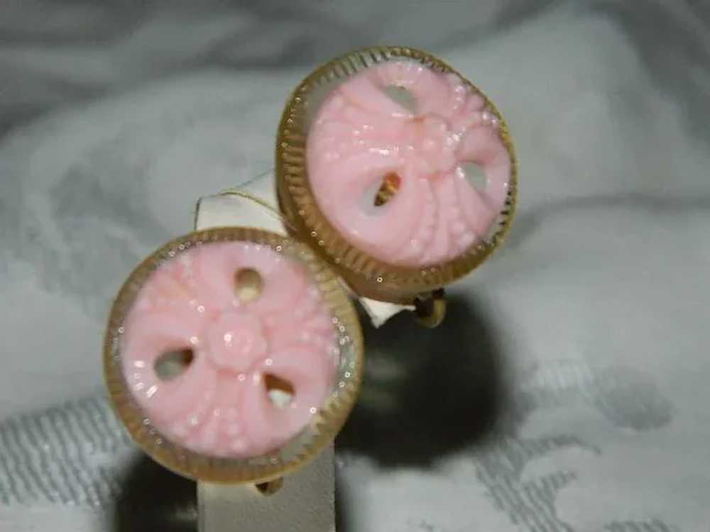 1950's Celluloid Soft Pink Button Earrings ~ Earl… - image 3