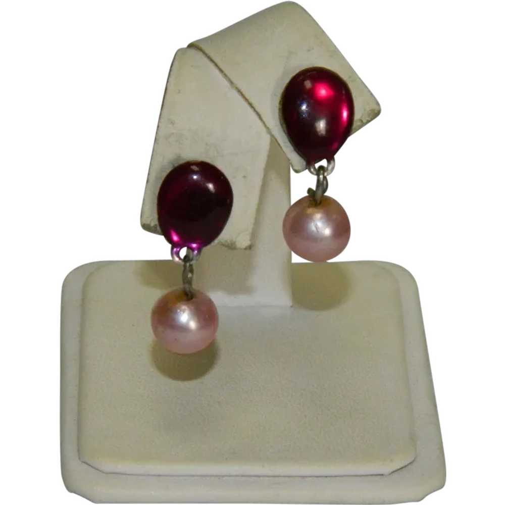 Pretty Purple Pink Enamel Faux Pearl Drop Pierced… - image 1