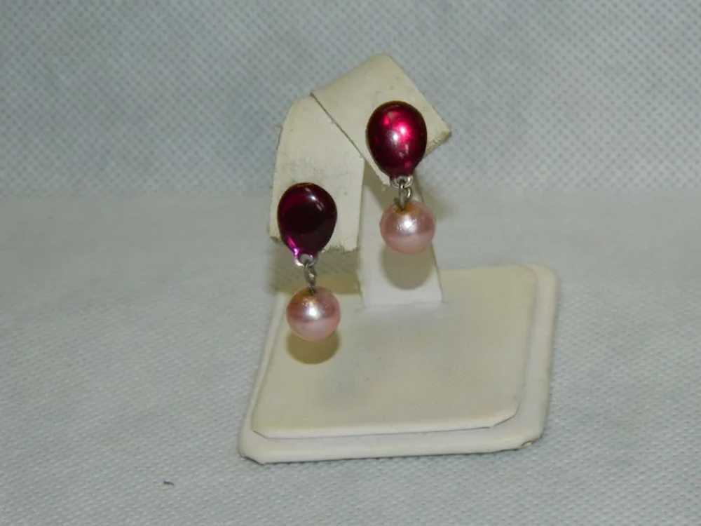 Pretty Purple Pink Enamel Faux Pearl Drop Pierced… - image 3