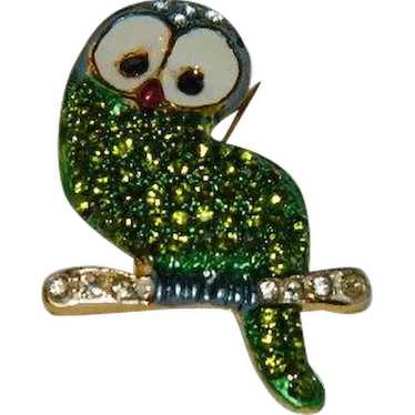 Colorful Green Blue Crystals Owl Brooch