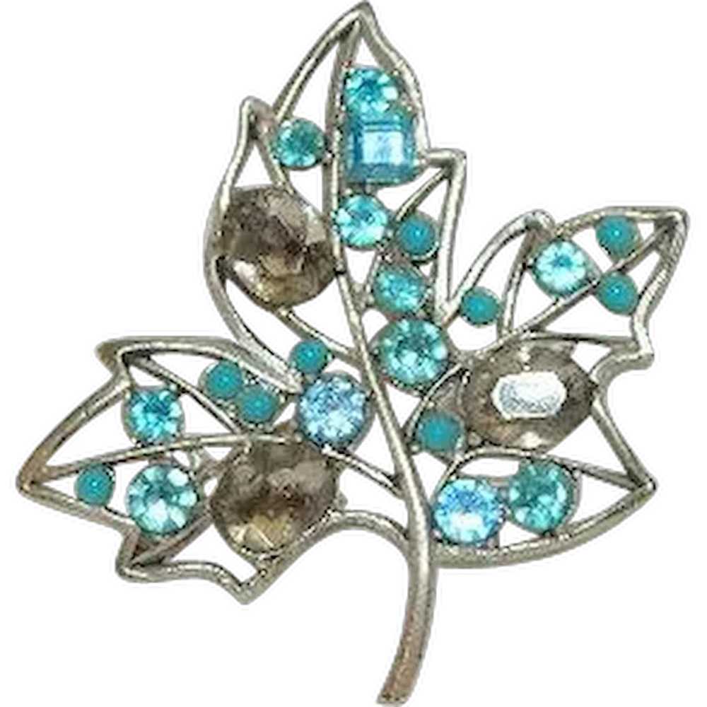 Vintage Brilliant Rhinestone Fall Leaf Brooch Blu… - image 1