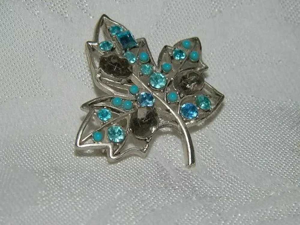 Vintage Brilliant Rhinestone Fall Leaf Brooch Blu… - image 2