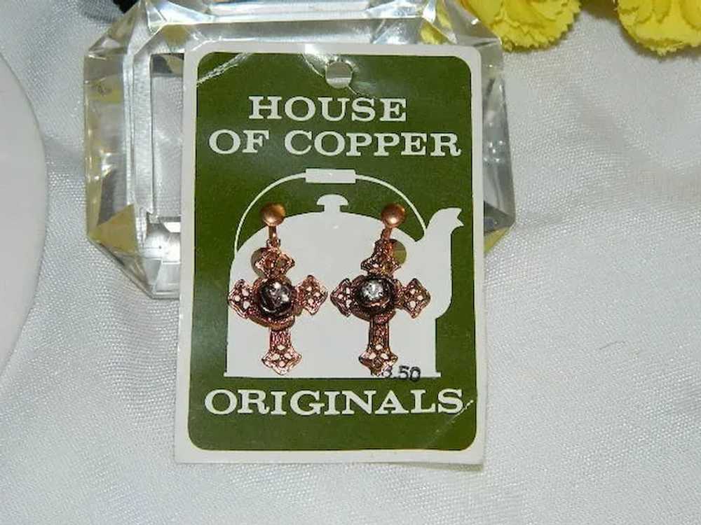 1950's House of Copper ~ Cross Earrings Rhineston… - image 1