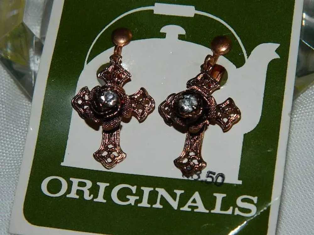 1950's House of Copper ~ Cross Earrings Rhineston… - image 3