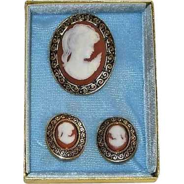 Lovely Japan Celluloid Cameo Brooch & Earrings in 