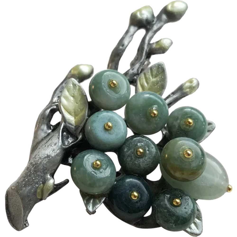 Green agate berries brooch silver tone, stone lea… - image 1