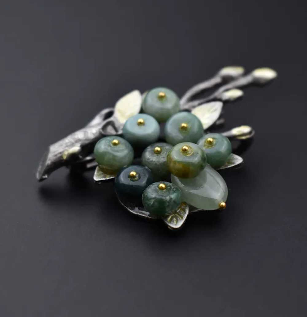 Green agate berries brooch silver tone, stone lea… - image 5