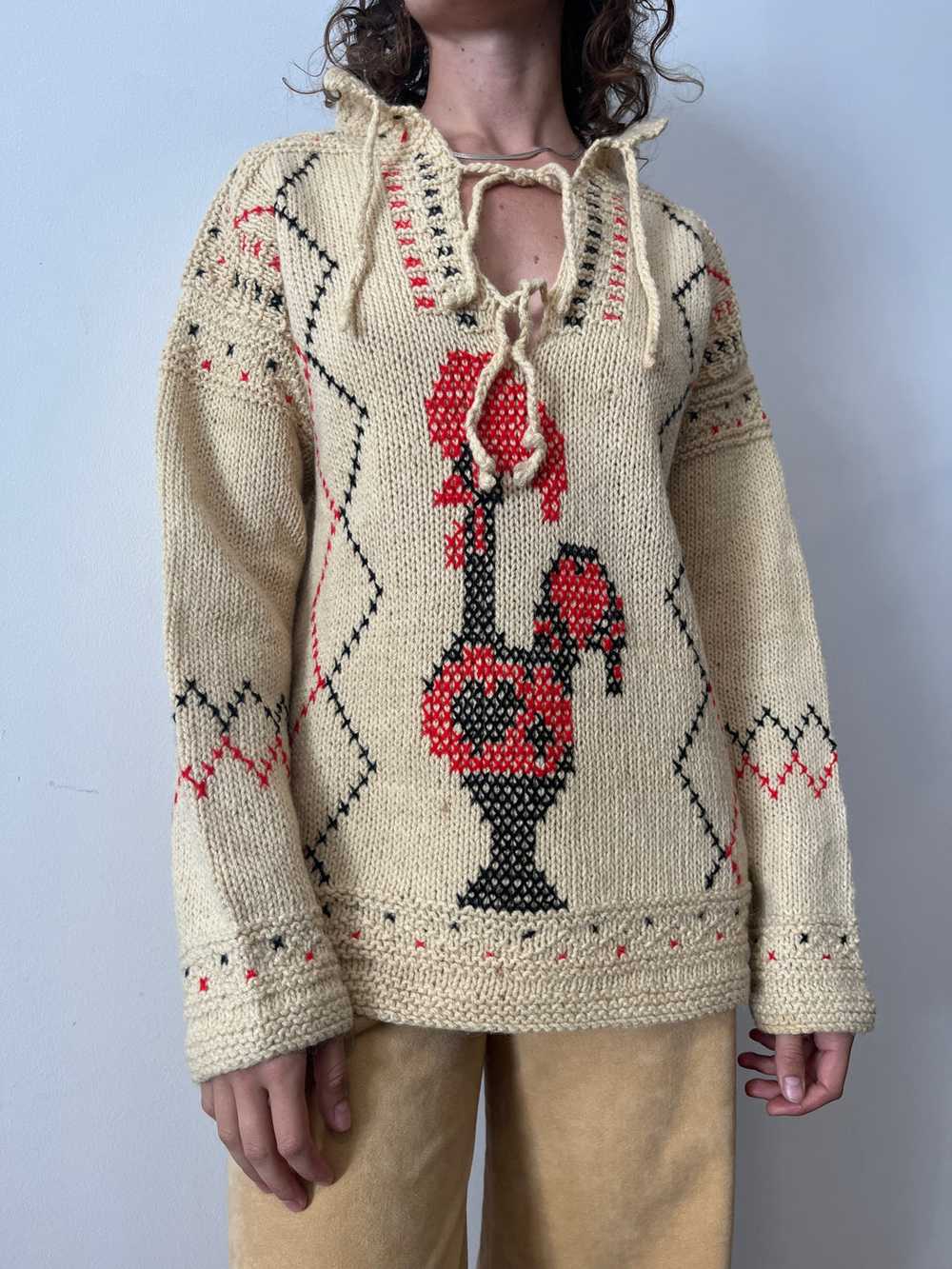 Handknit Rooster Pullover Sweater - image 5