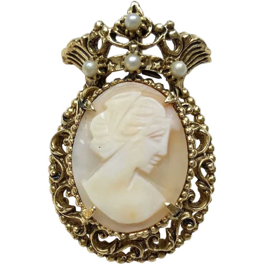 Hand carved shell lady cameo pin, accent signed F… - image 1