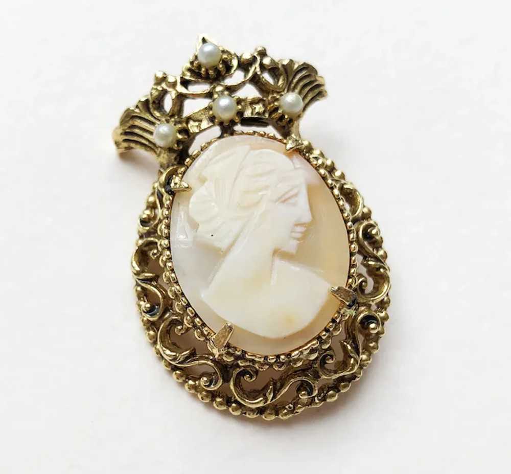 Hand carved shell lady cameo pin, accent signed F… - image 5