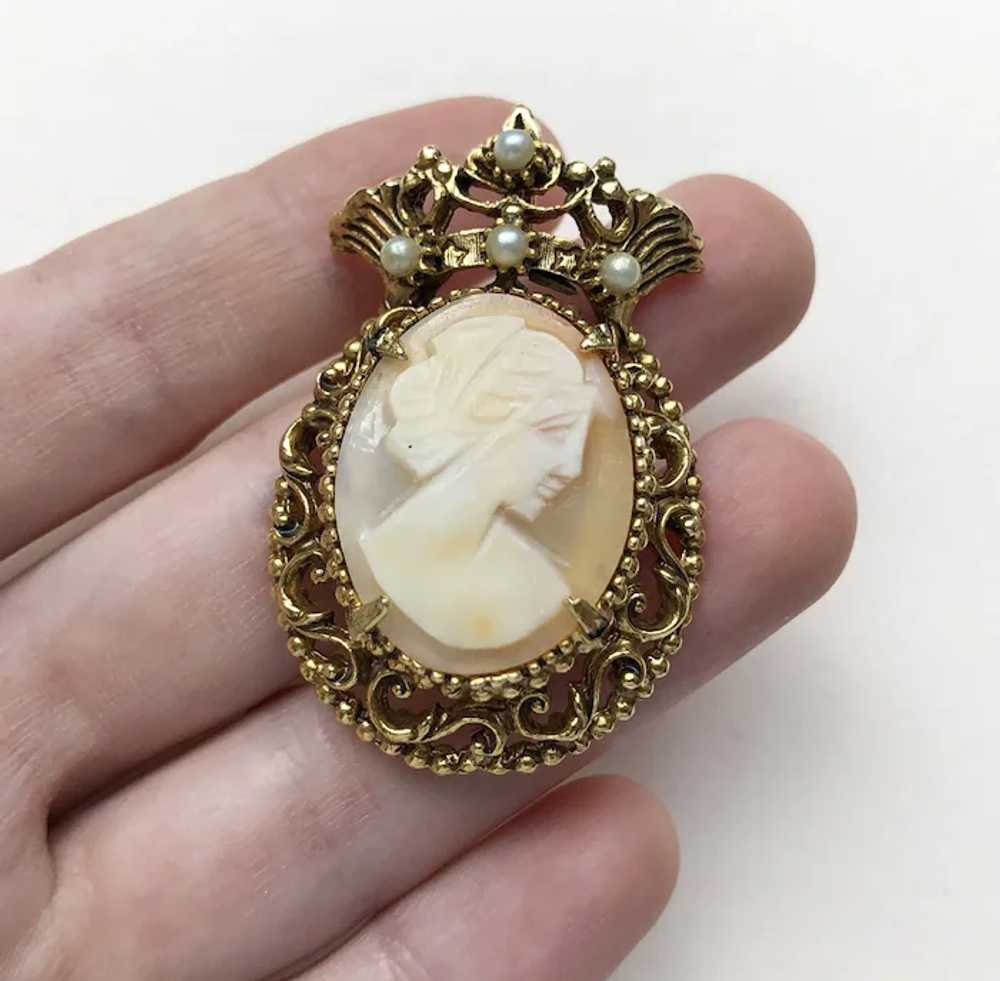 Hand carved shell lady cameo pin, accent signed F… - image 7