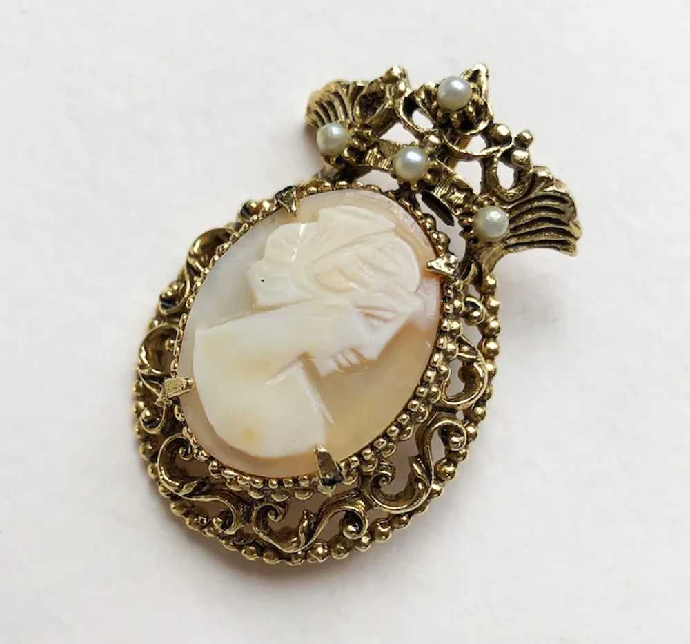 Hand carved shell lady cameo pin, accent signed F… - image 8