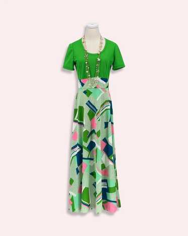 1970's Leslie Fay Green Bodice and Multi Color Sk… - image 1