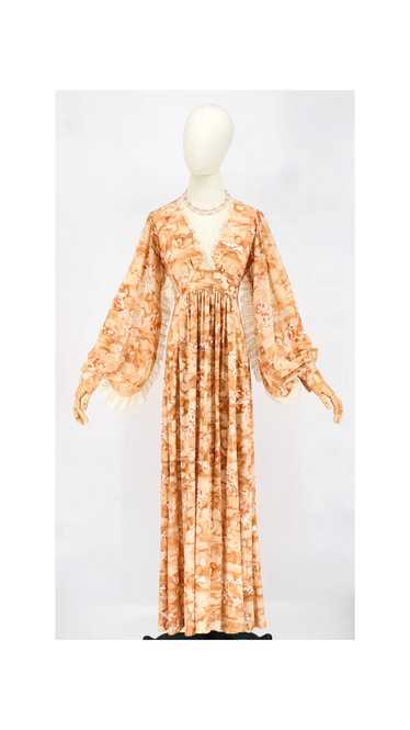 1970's Cottagecore Beige Watercolor Maxi Dress