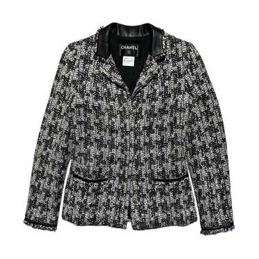 Chanel Tweed leather trim logo buttoned blazer