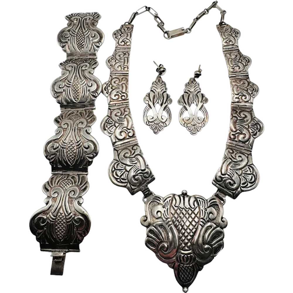 Vintage Sterling Silver Early Mexico Jewelry Set … - image 2