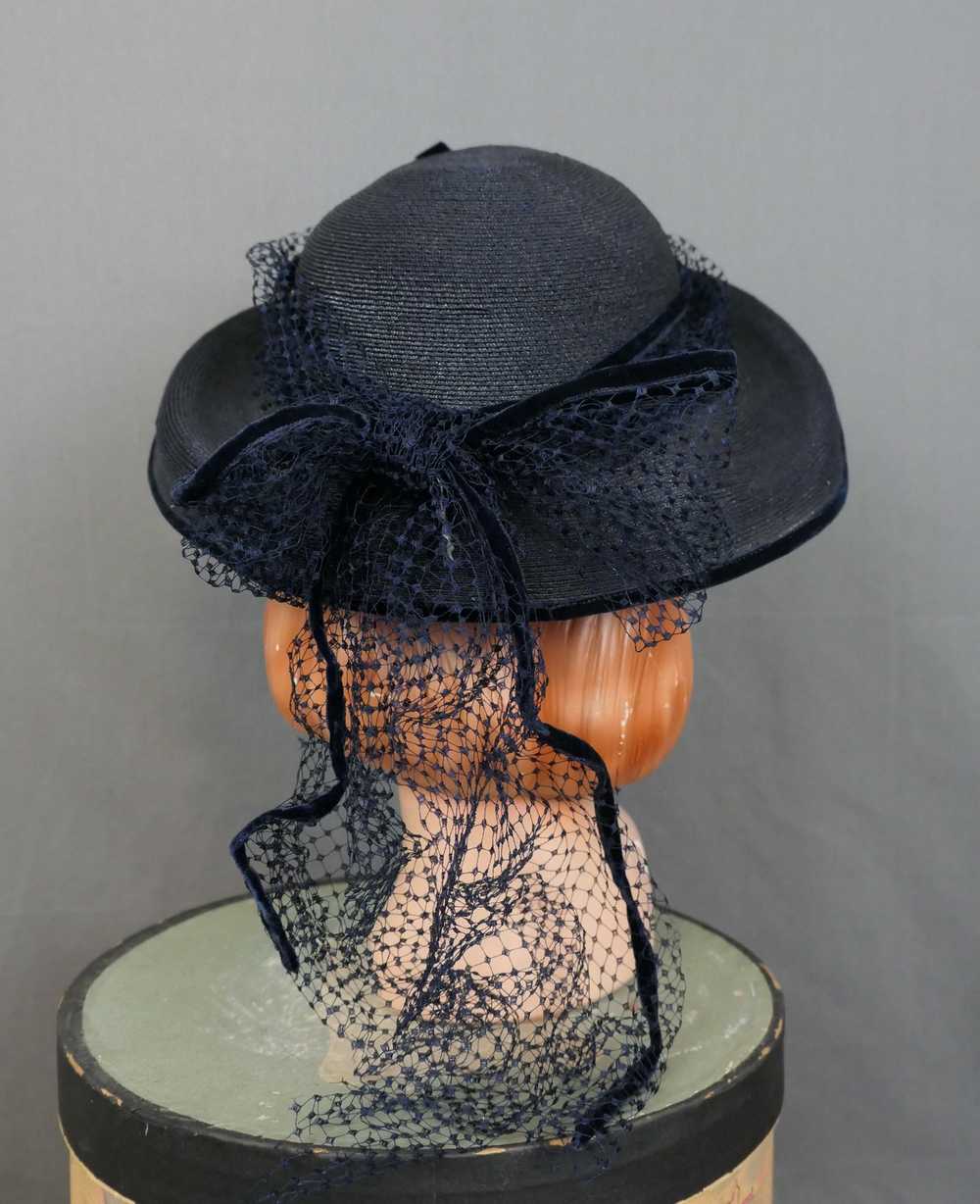 Vintage Dark Blue Wide Brim Hat with Netting & Ve… - image 10