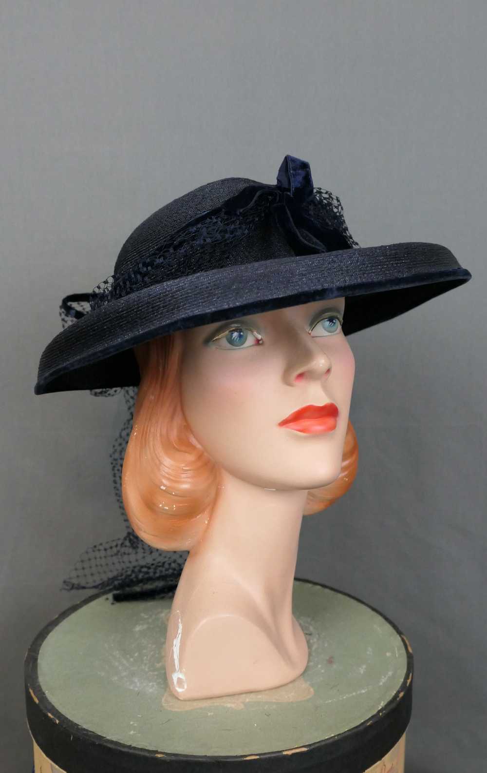 Vintage Dark Blue Wide Brim Hat with Netting & Ve… - image 1