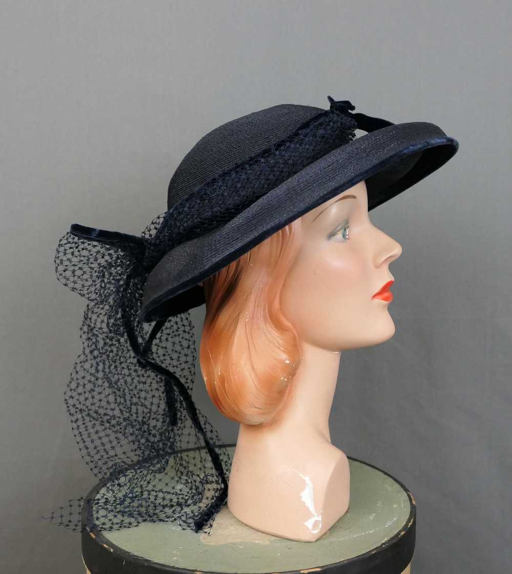 Vintage Dark Blue Wide Brim Hat with Netting & Ve… - image 2
