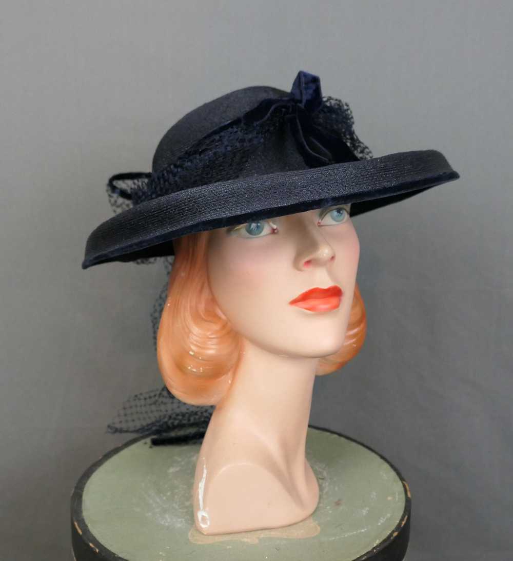 Vintage Dark Blue Wide Brim Hat with Netting & Ve… - image 3