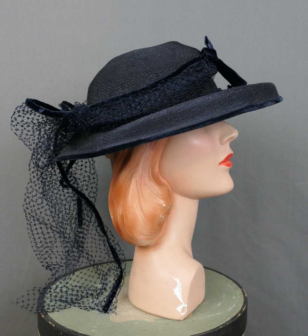 Vintage Dark Blue Wide Brim Hat with Netting & Ve… - image 4