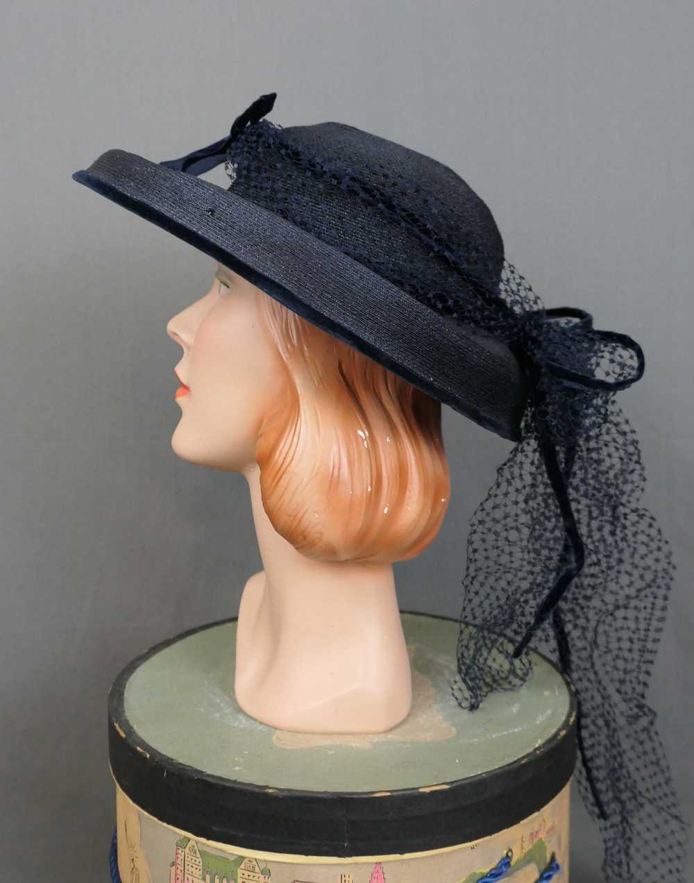 Vintage Dark Blue Wide Brim Hat with Netting & Ve… - image 5