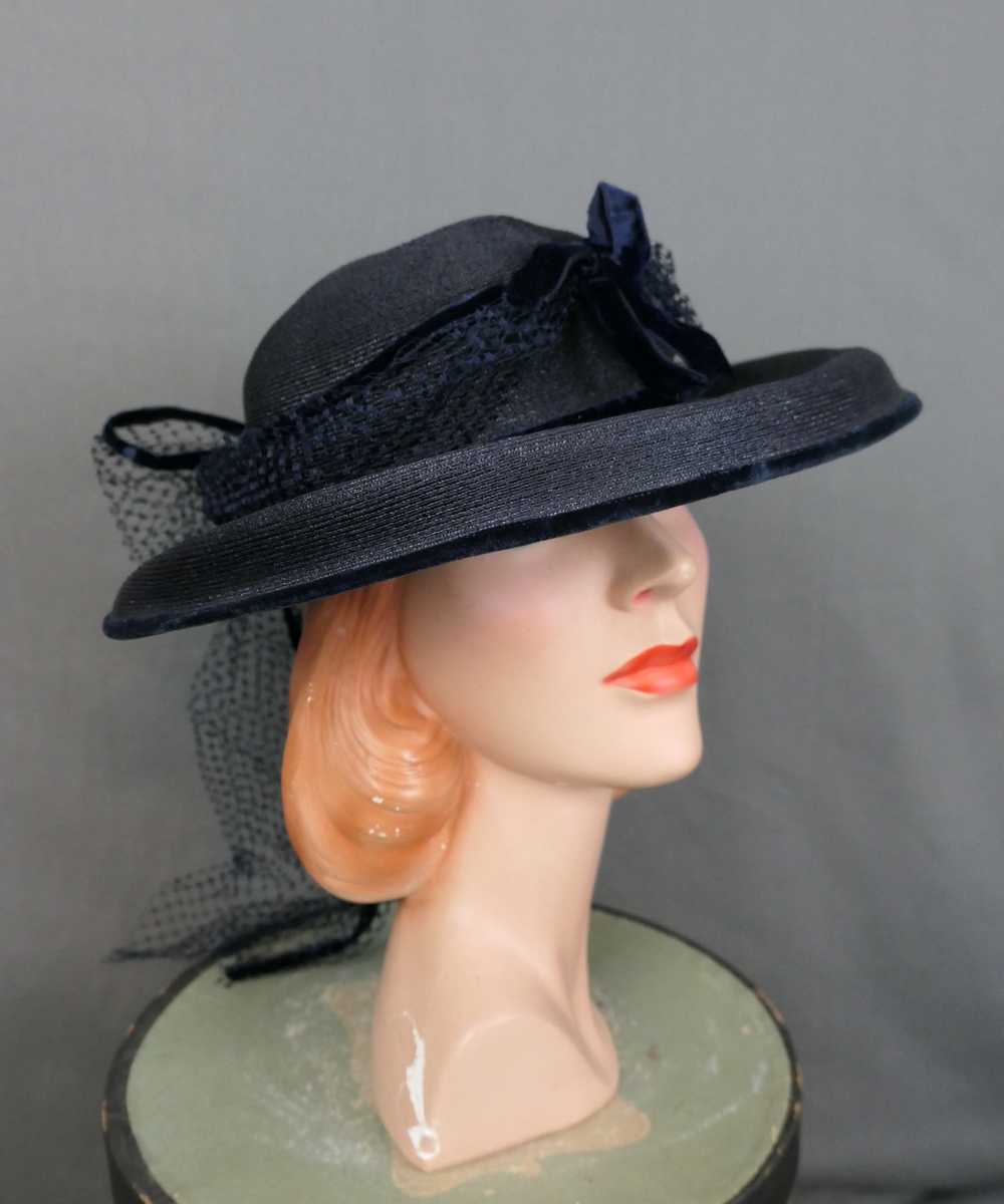 Vintage Dark Blue Wide Brim Hat with Netting & Ve… - image 6