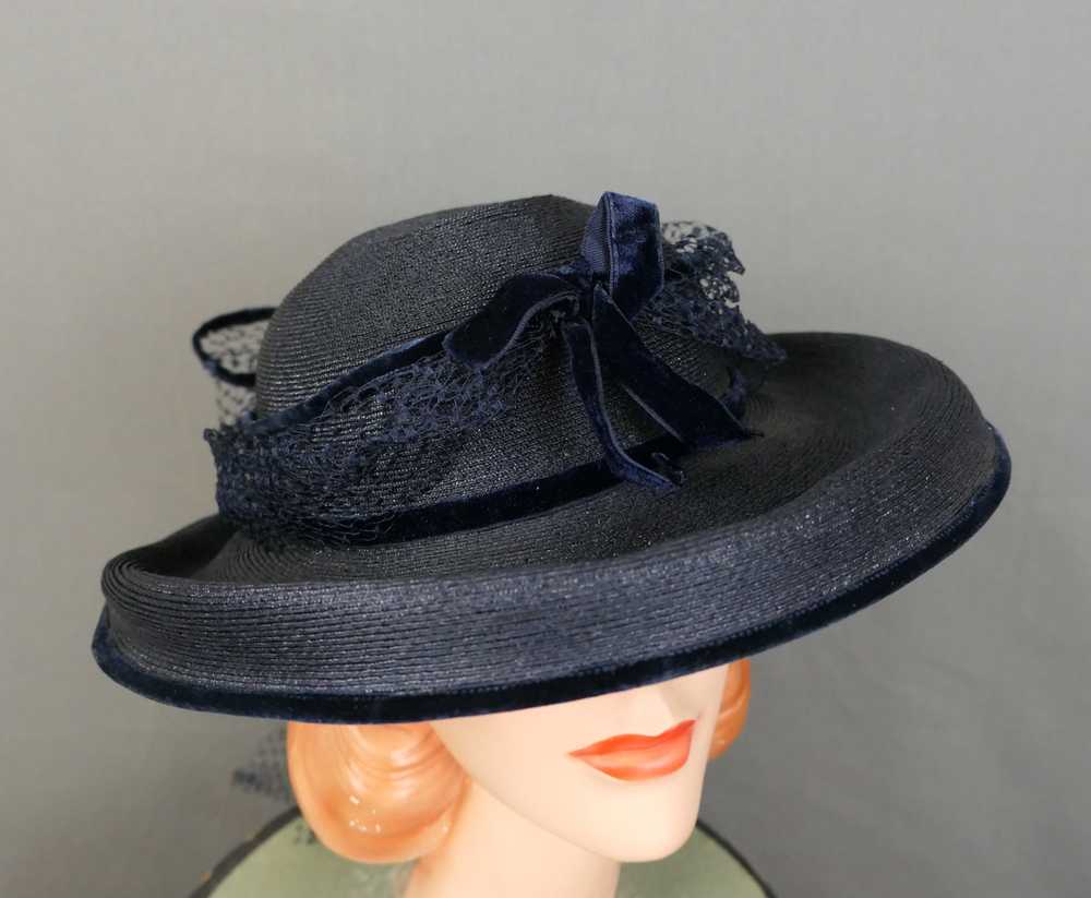 Vintage Dark Blue Wide Brim Hat with Netting & Ve… - image 7