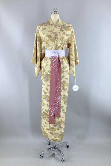 Vintage Yellow and Lavender Floral Silk Kimono