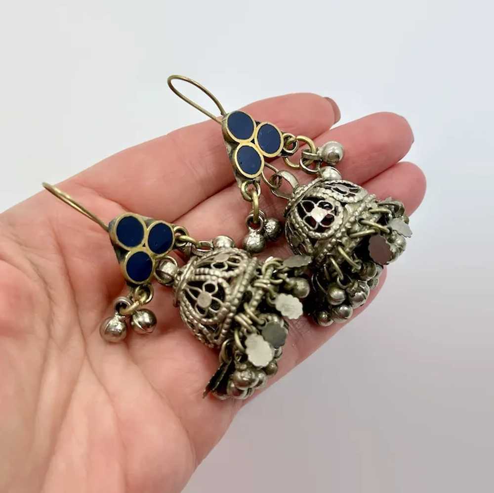 Afghan Earrings, Middle Eastern, Blue, Silver, Vi… - image 2